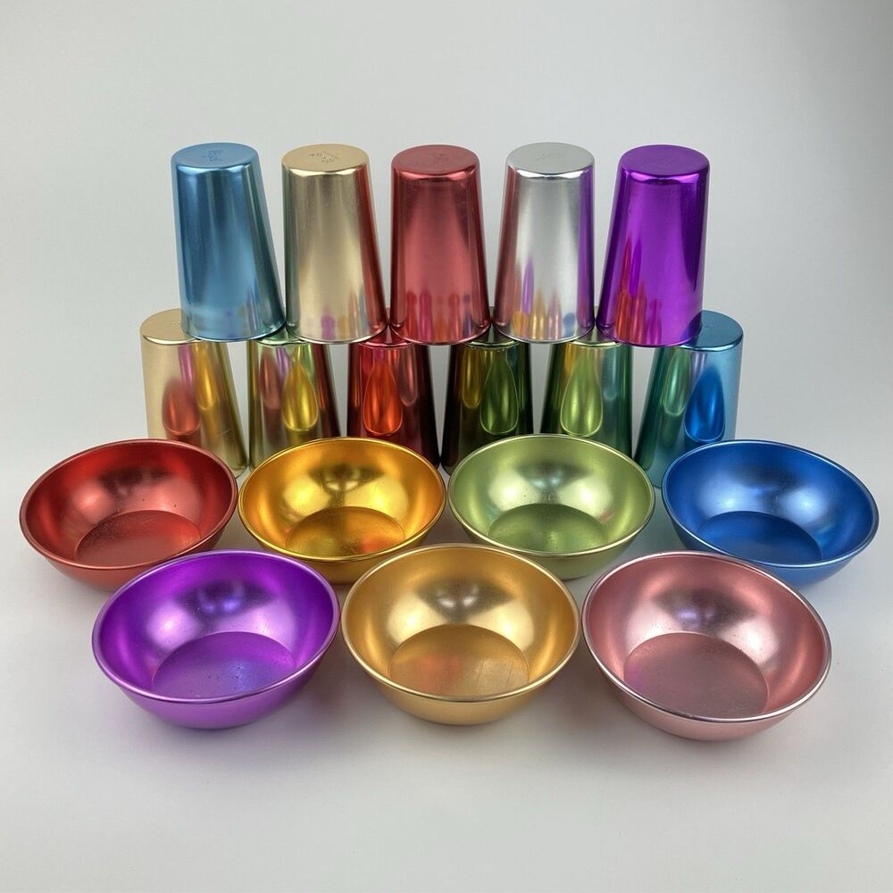 Bascal Metalic Colored Cups & Bowls | 11 Cups & 7 Bowls VTG Decorative